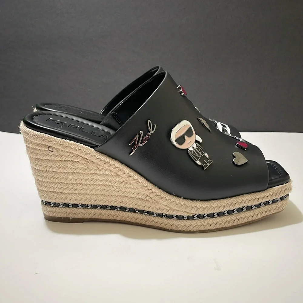 NIB KARL LAGERFELD Paris Black Leather Wedge Size 9.5 M